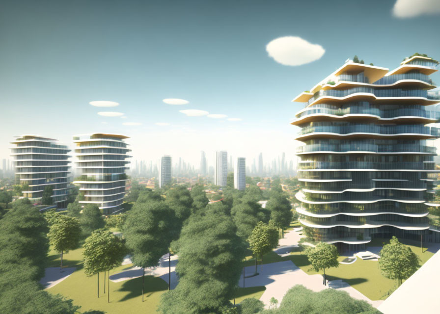 Layered organic-shaped buildings in futuristic cityscape with greenery and distant skyscrapers