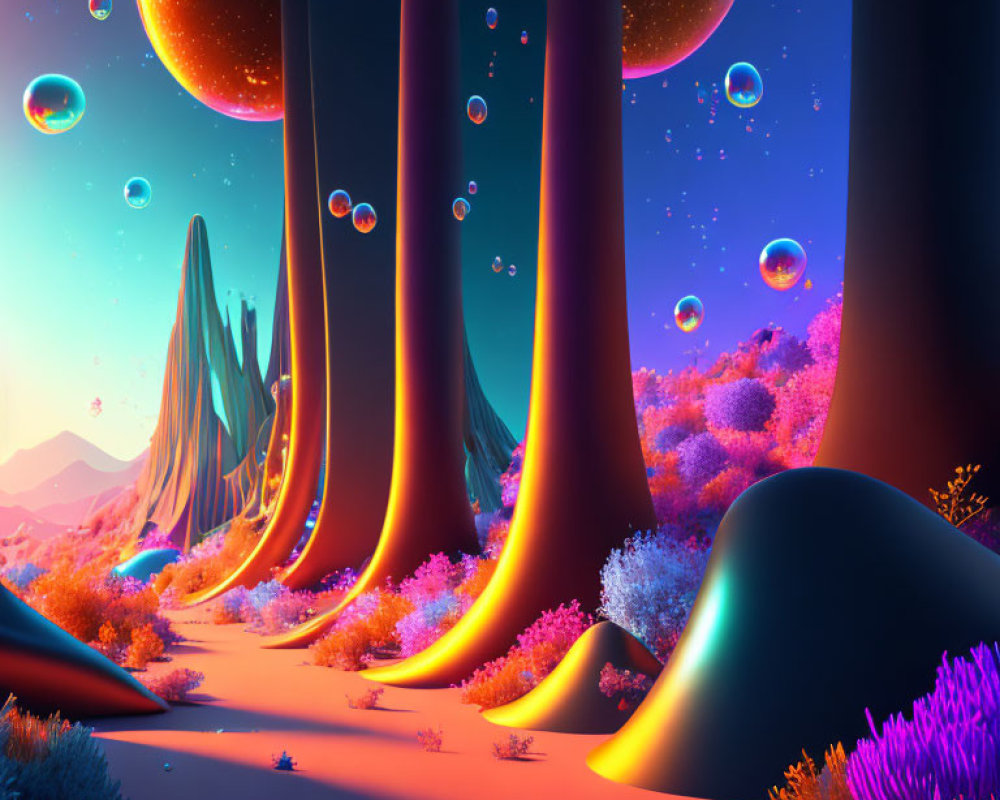 Colorful alien landscape with tall trees, floating bubbles, neon plants, twilight sky