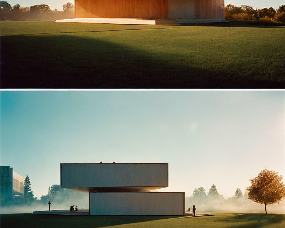 Modern building at sunrise and in fog with tree