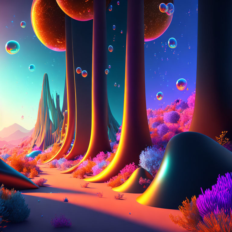 Colorful alien landscape with tall trees, floating bubbles, neon plants, twilight sky