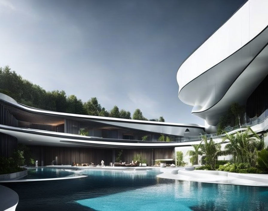 Modern architectural building with flowing lines and tranquil pool in lush green setting