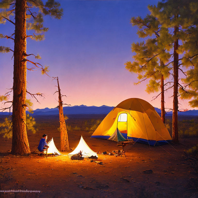 Tranquil camping scene with lit tent, camper by fire, pine trees, twilight sky