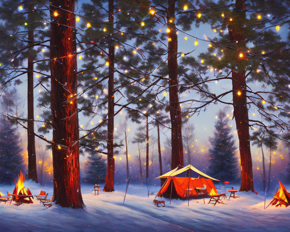 Wintry forest scene: dusk, string lights, campfire, tent, snowfall