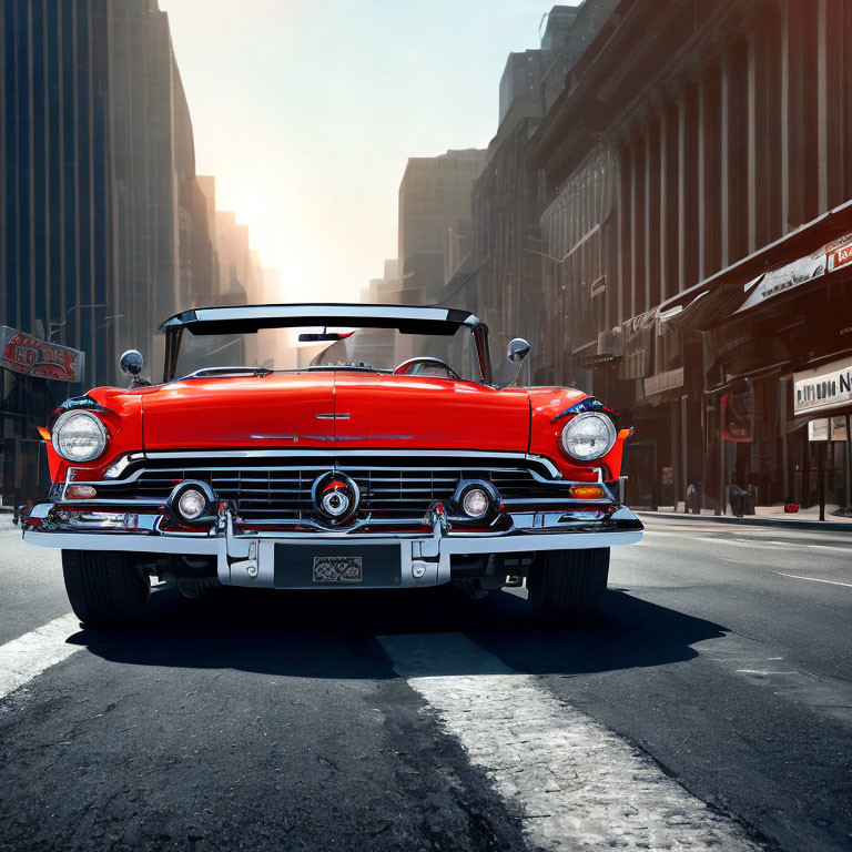 Vintage Red Convertible Car on Urban Street with Tall Buildings