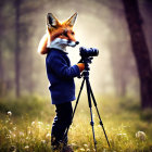 Anthropomorphic fox in suit with DSLR camera in forest setting