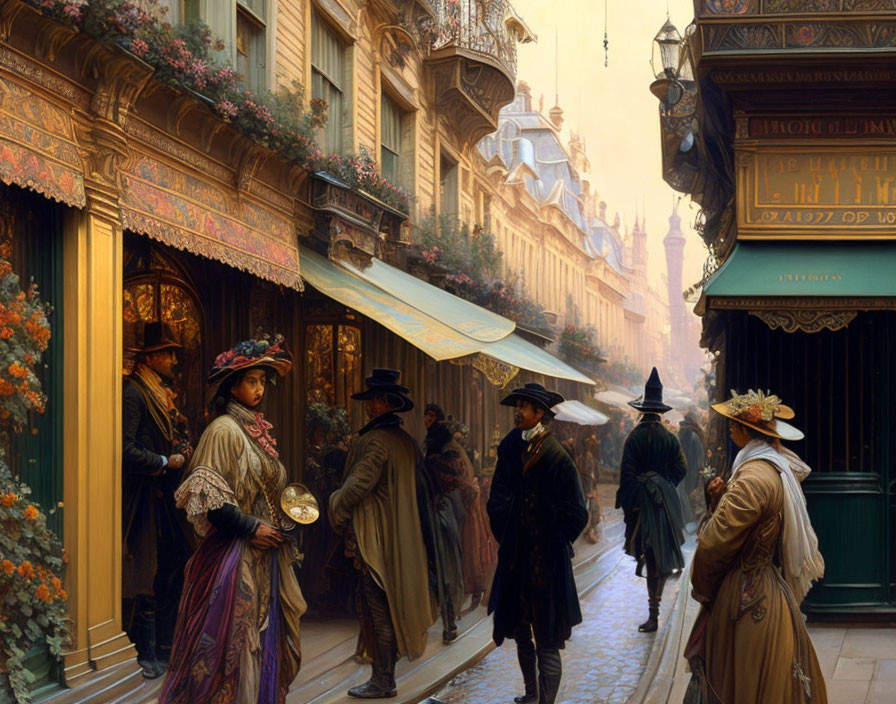 Vintage street scene with elegant attire, cobblestone roads, and ornate shop facades