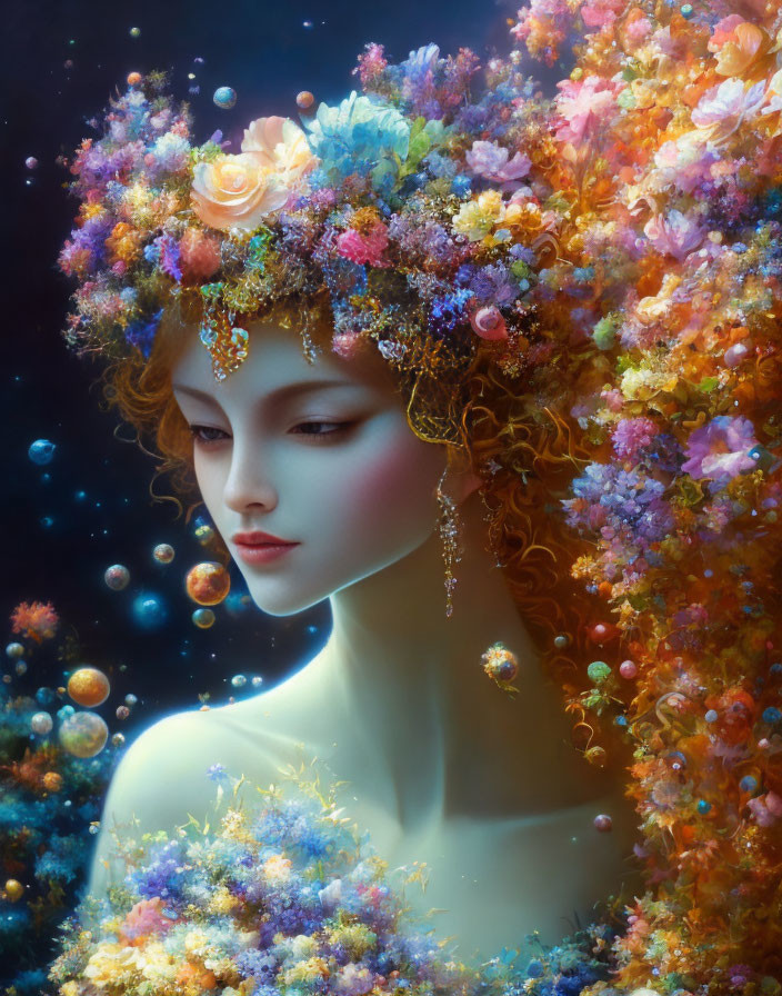 Surreal portrait of woman with vibrant floral headdress on starry background