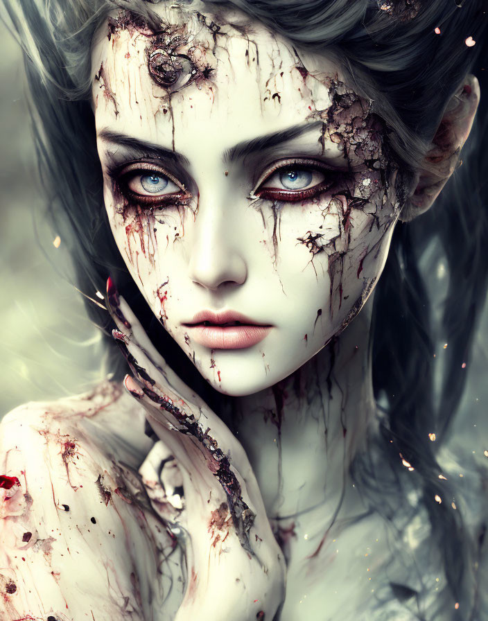 Digital artwork: Woman with cracked porcelain skin and bloodstains, intense blue eyes