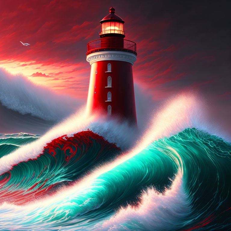 Red lighthouse with beacon in dramatic ocean scene