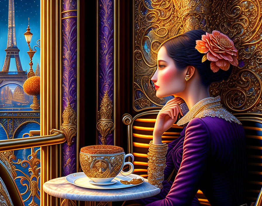 Illustrated woman in purple dress gazes at fantasy cityscape with coffee cup