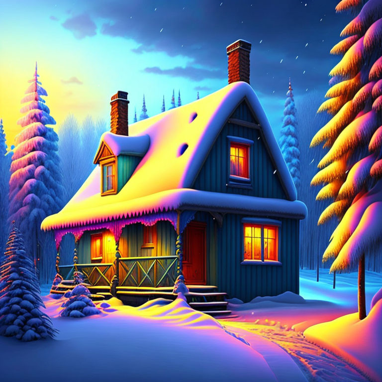 Snowy Evening Cottage with Illuminated Interior