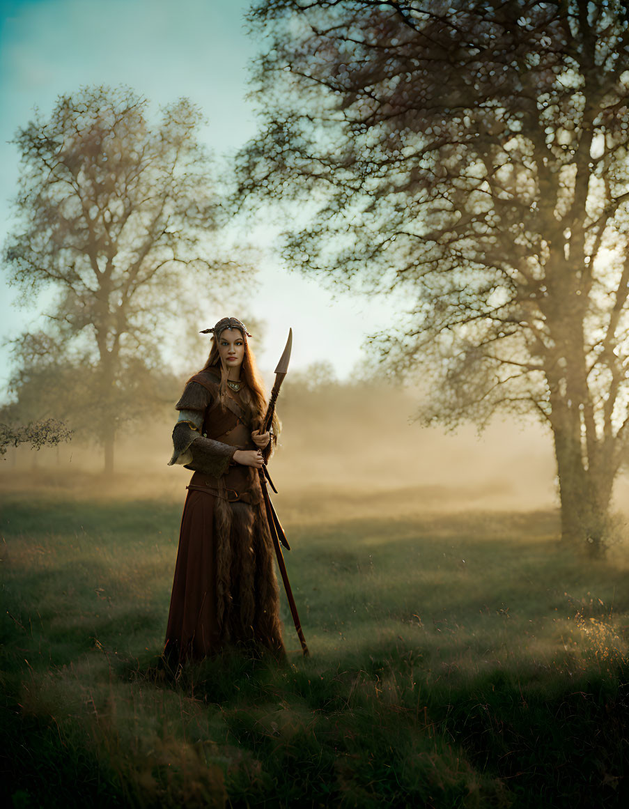 Medieval fantasy archer in misty forest with sunlight filtering through trees