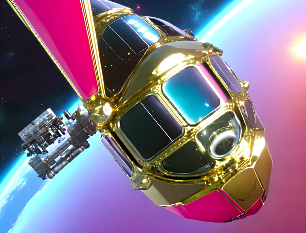 Golden futuristic spaceship passing vibrant space station against cosmic backdrop