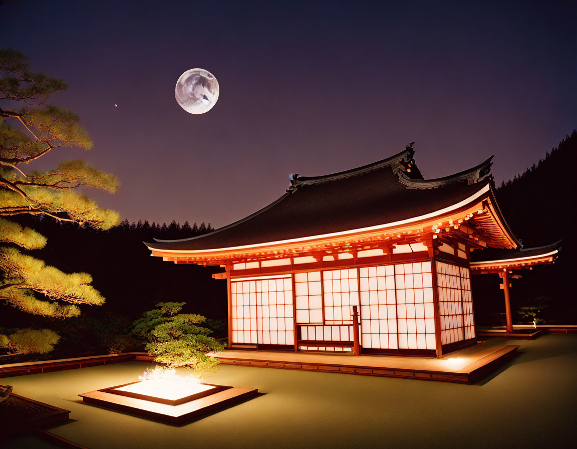 Japanese building with paper doors under full moon, pine trees