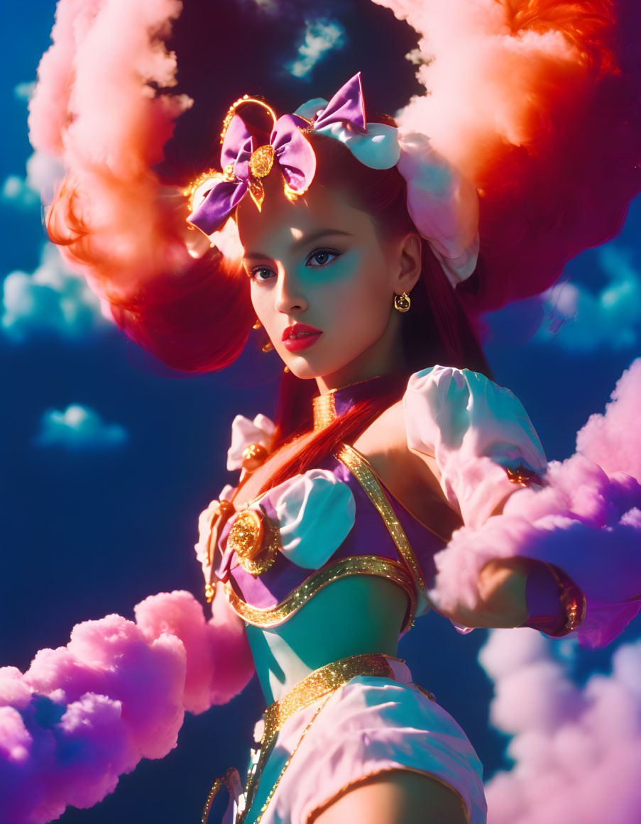 Colorful Fantasy Costume Woman Poses in Pink Clouds