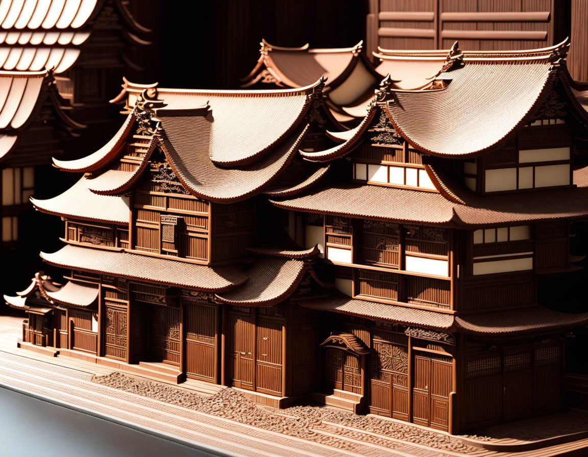 Detailed wooden model of traditional Asian architecture with pagoda-style roofs and intricate carvings illuminated by warm