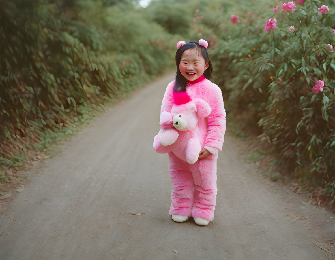 Child in Pink Fluffy Costume Holding Stuffed Toy Outdoors