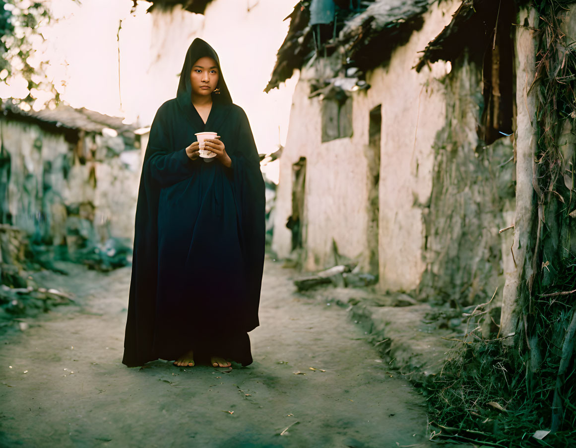 Person in Black Robe Holding Cup in Rustic Setting