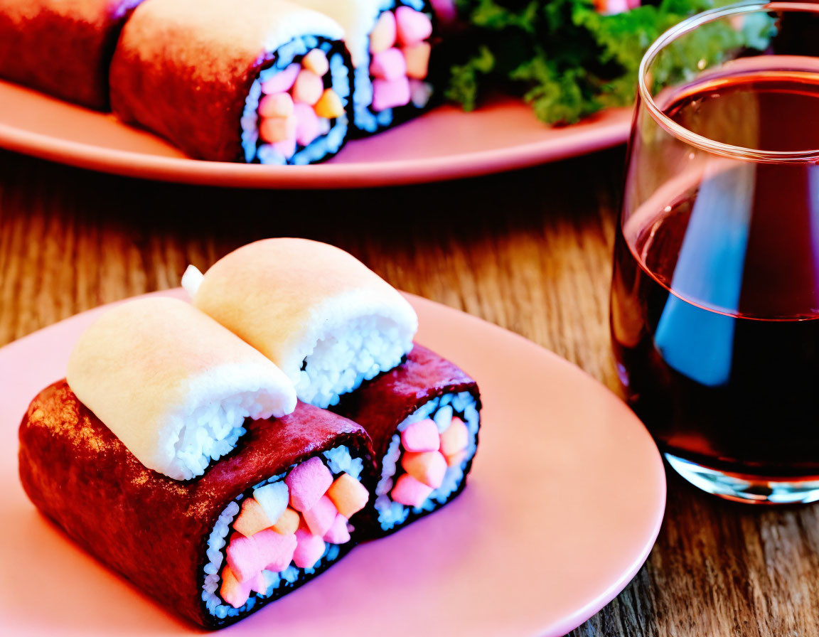 Vibrant Candy Sushi with Marshmallows and Gummy Candy on Wooden Table