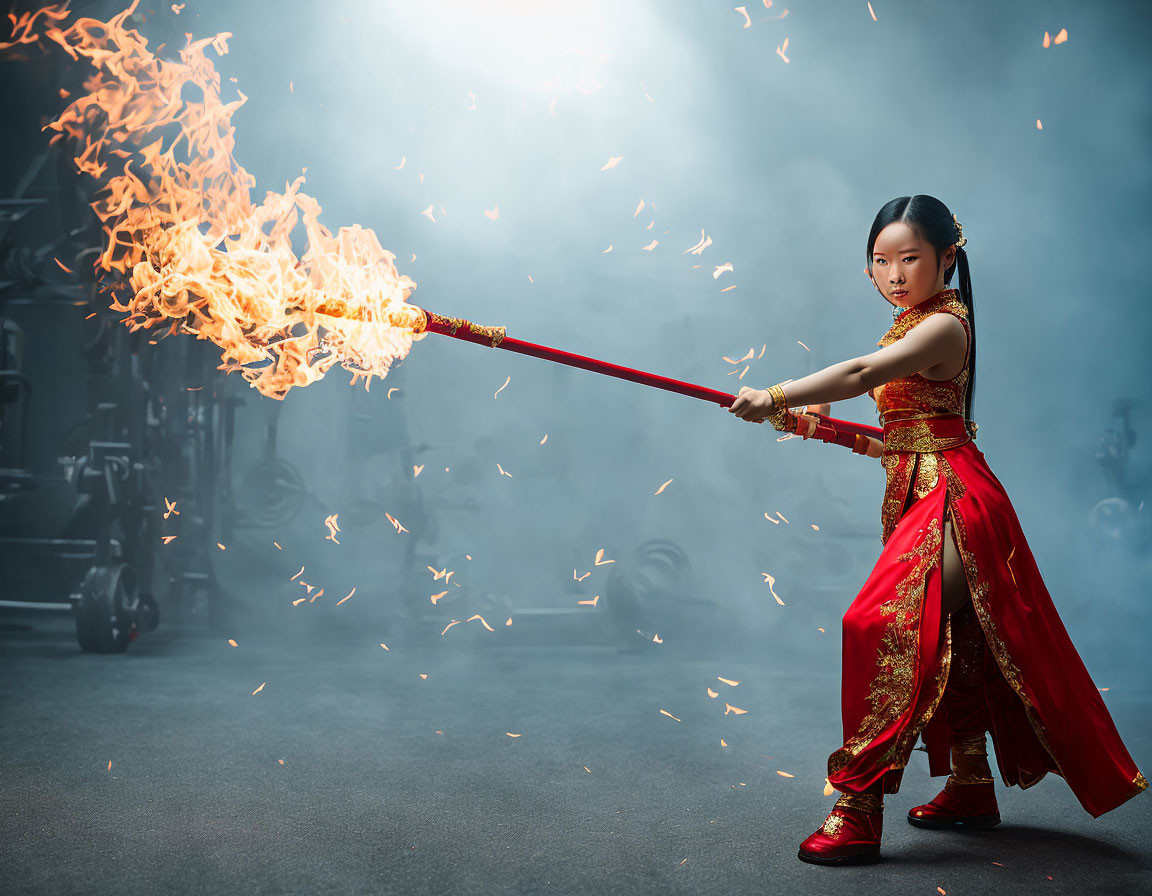 Young girl in red and gold traditional outfit fire-breathing against industrial backdrop