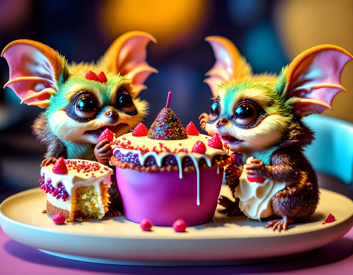 Animated creatures sharing colorful dessert with strawberries and sprinkles