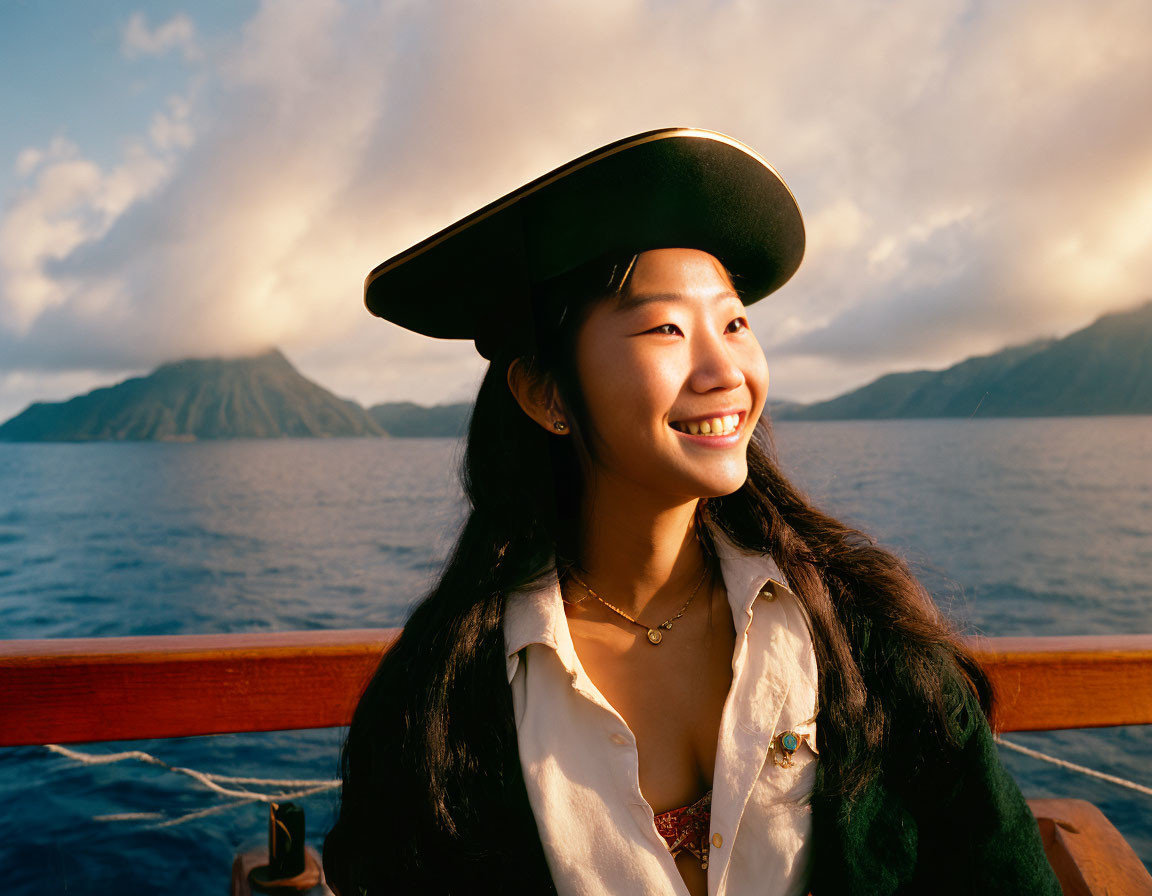 Smiling woman in black hat on ship with sunset and mountains