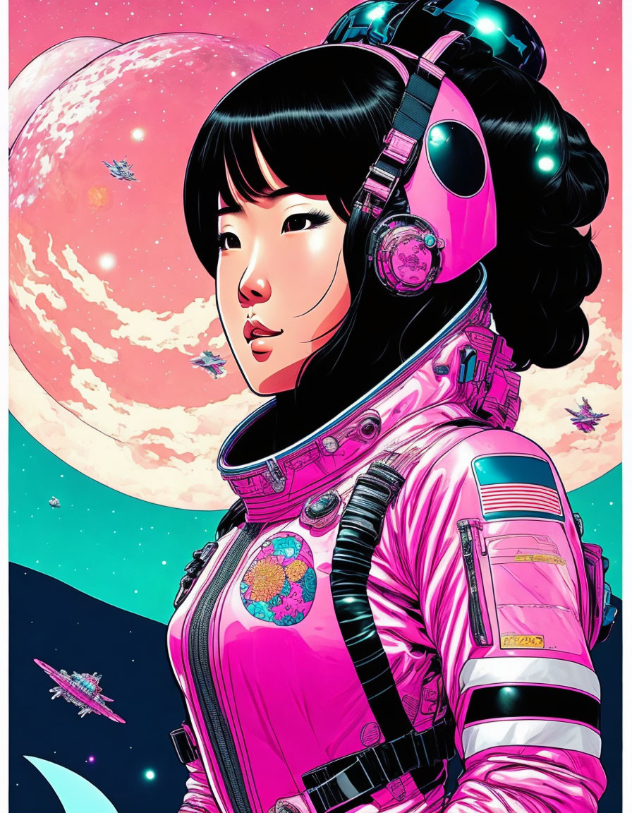 Woman in pink space suit with helmet in cosmic scene.