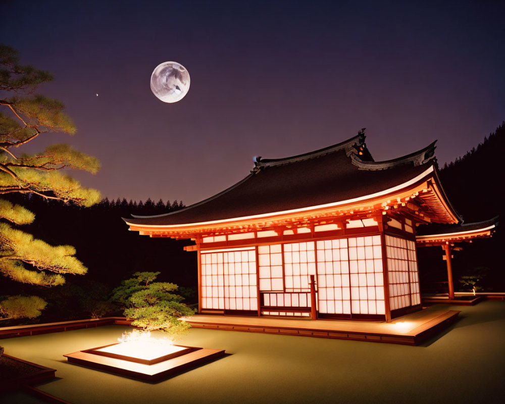 Japanese building with paper doors under full moon, pine trees