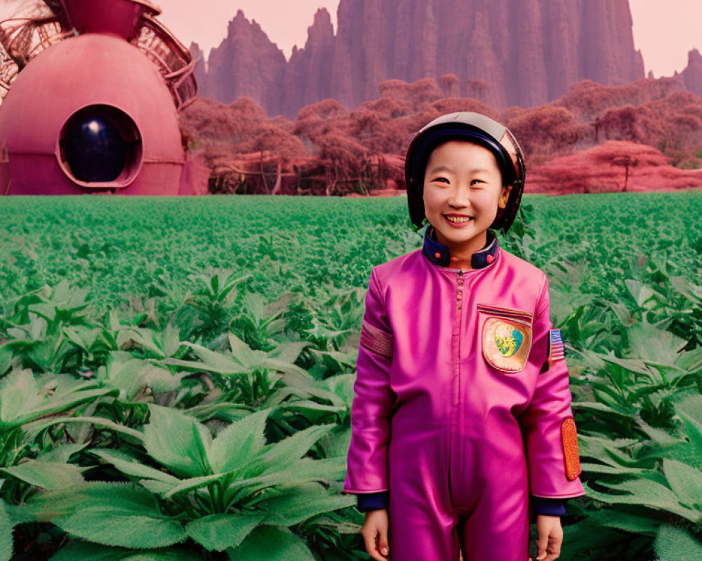 Child in pink spacesuit with red habitat and rock formations in background