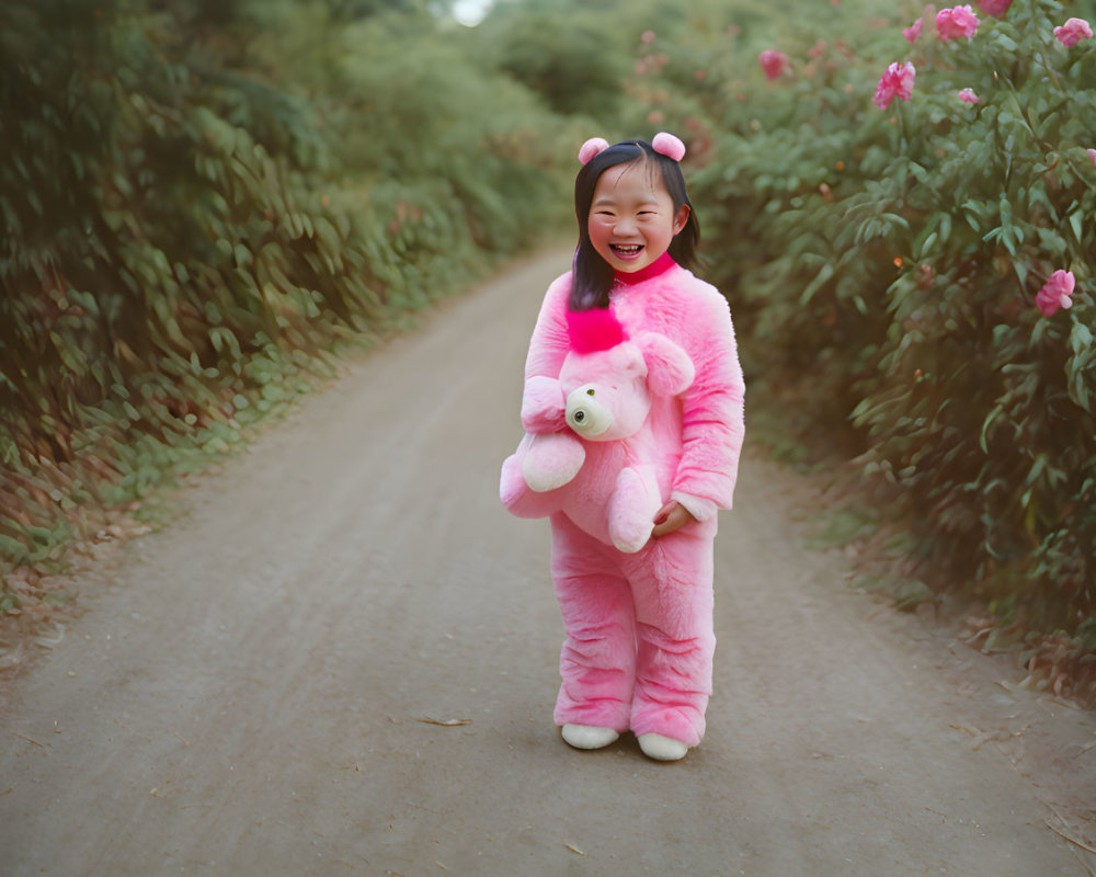 Child in Pink Fluffy Costume Holding Stuffed Toy Outdoors