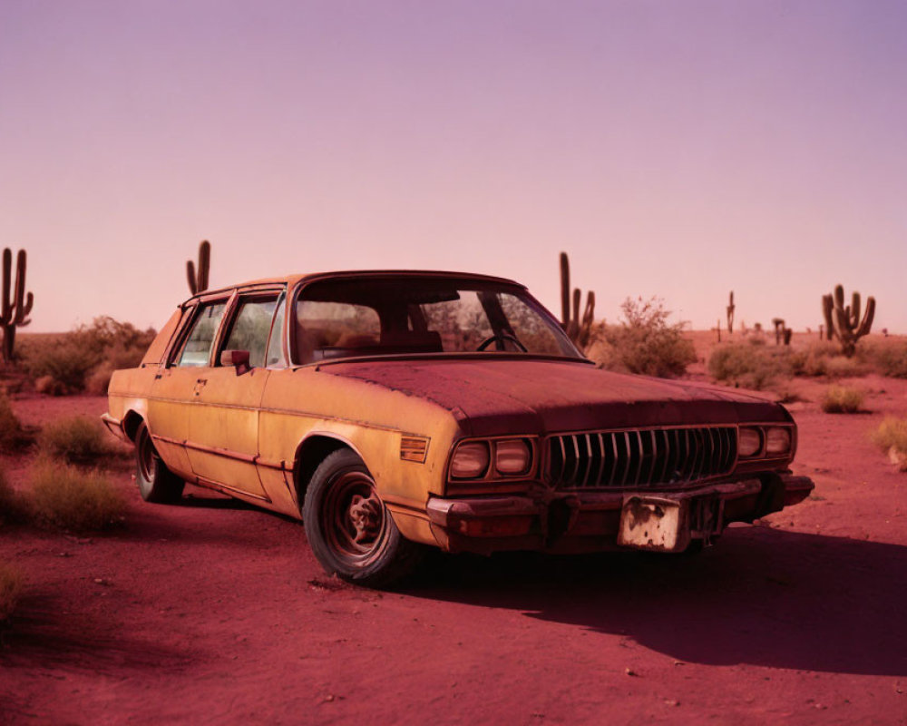 Abandoned yellow car in desert with cacti at dusk