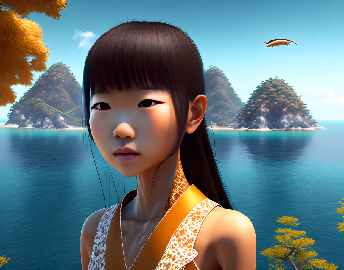 Digital illustration: Young girl with black hair by ocean scene with islands, yellow trees, and bird.