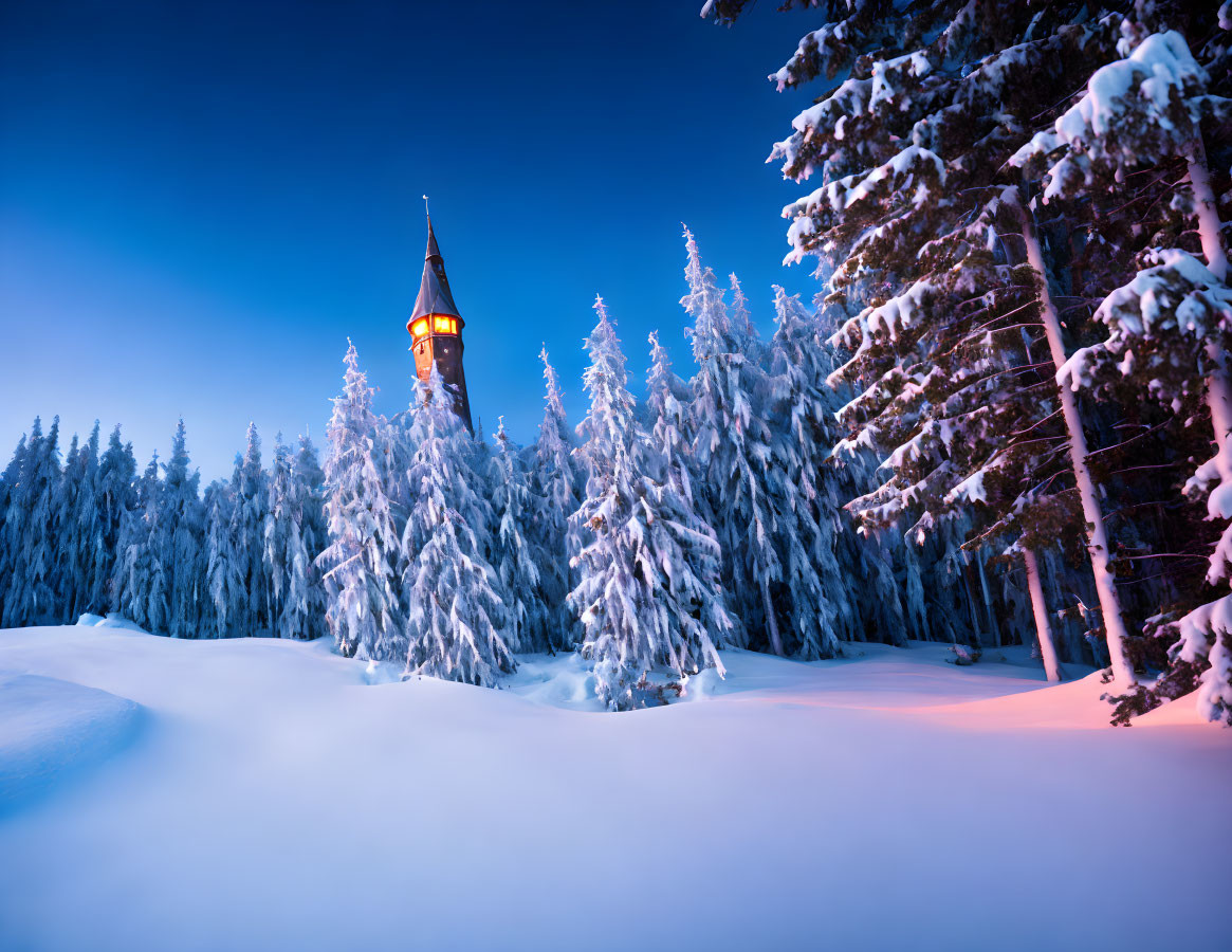 Winter landscape: Snow-covered pine trees and glowing tower at dusk