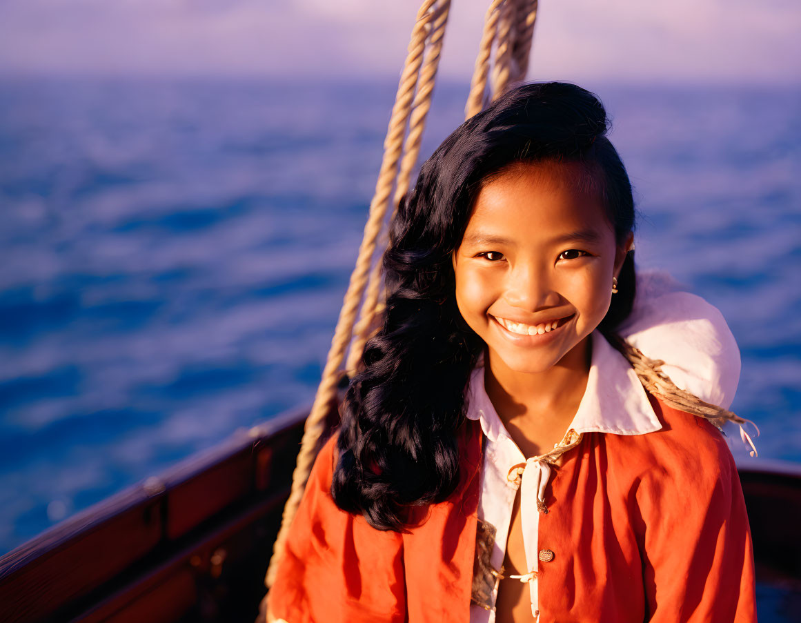 Young girl with black hair in red jacket on boat at sunset