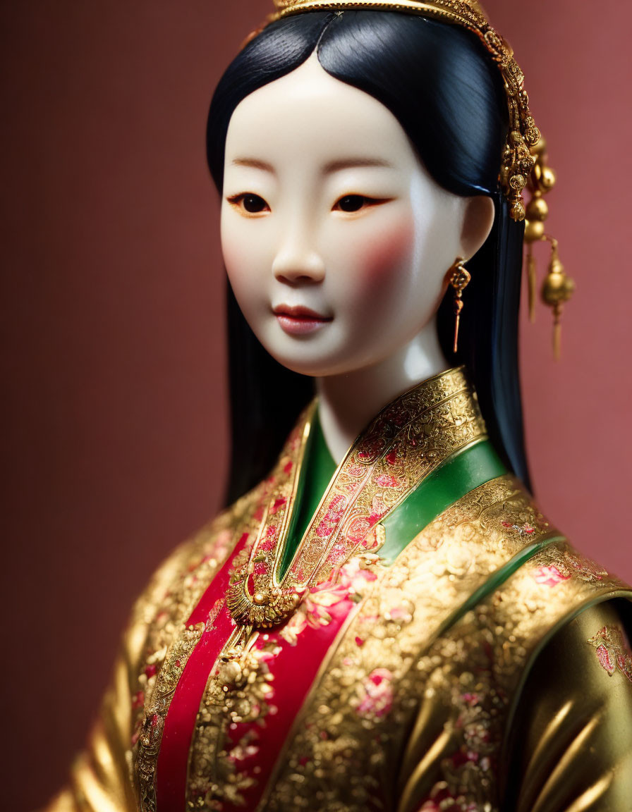 Traditional Asian doll in ornate gold and red costume with intricate patterns