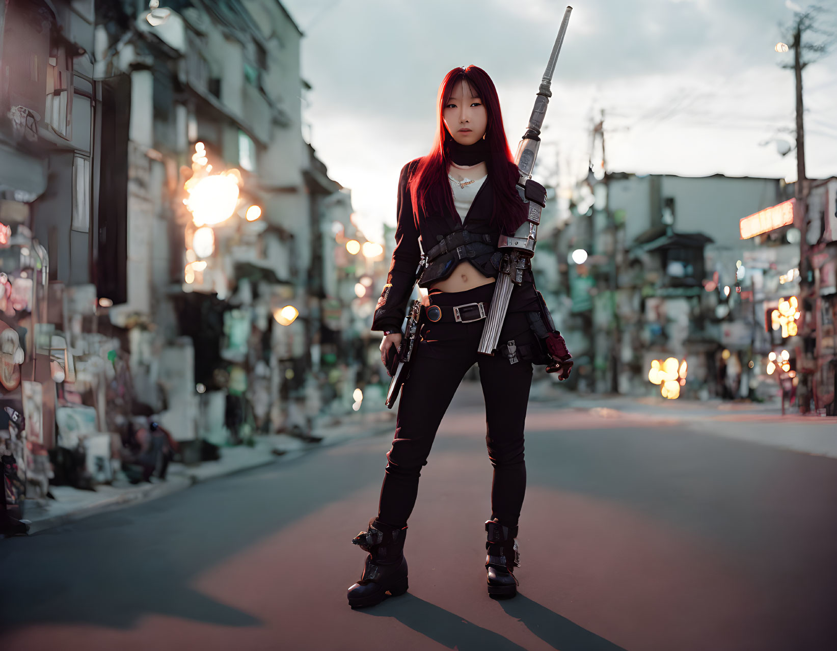 Confident woman with sword in combat outfit at dusk street intersection