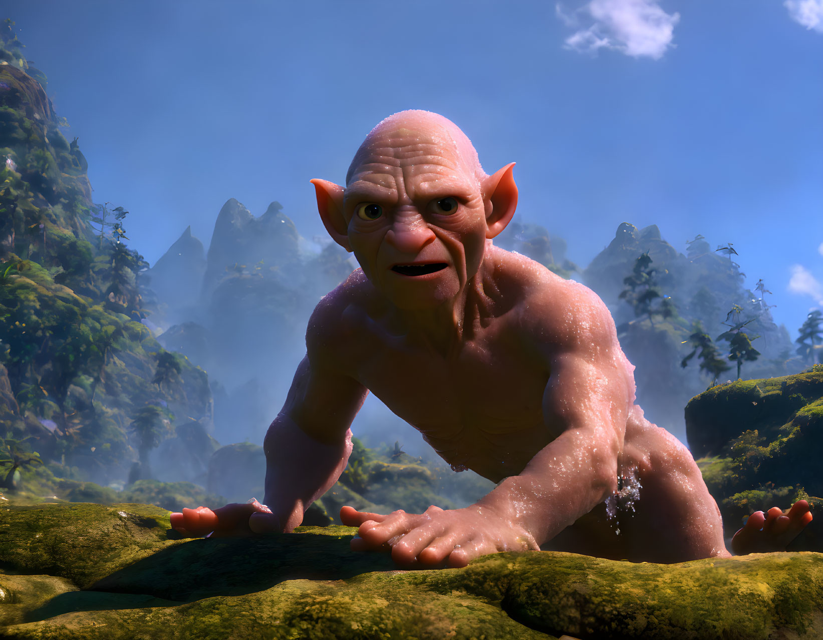 3D animated goblin character in misty mountain landscape