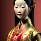 Traditional Asian doll in ornate gold and red costume with intricate patterns