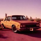 Abandoned yellow car in desert with cacti at dusk