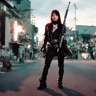 Confident woman with sword in combat outfit at dusk street intersection