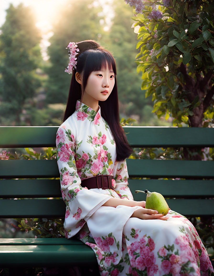 Girl in Floral Kimono Holding Pear on Park Bench in Serene Lighting