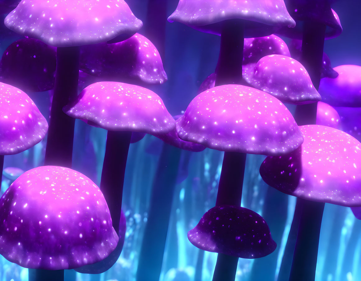 Vibrant purple glowing mushrooms on mystical blue background