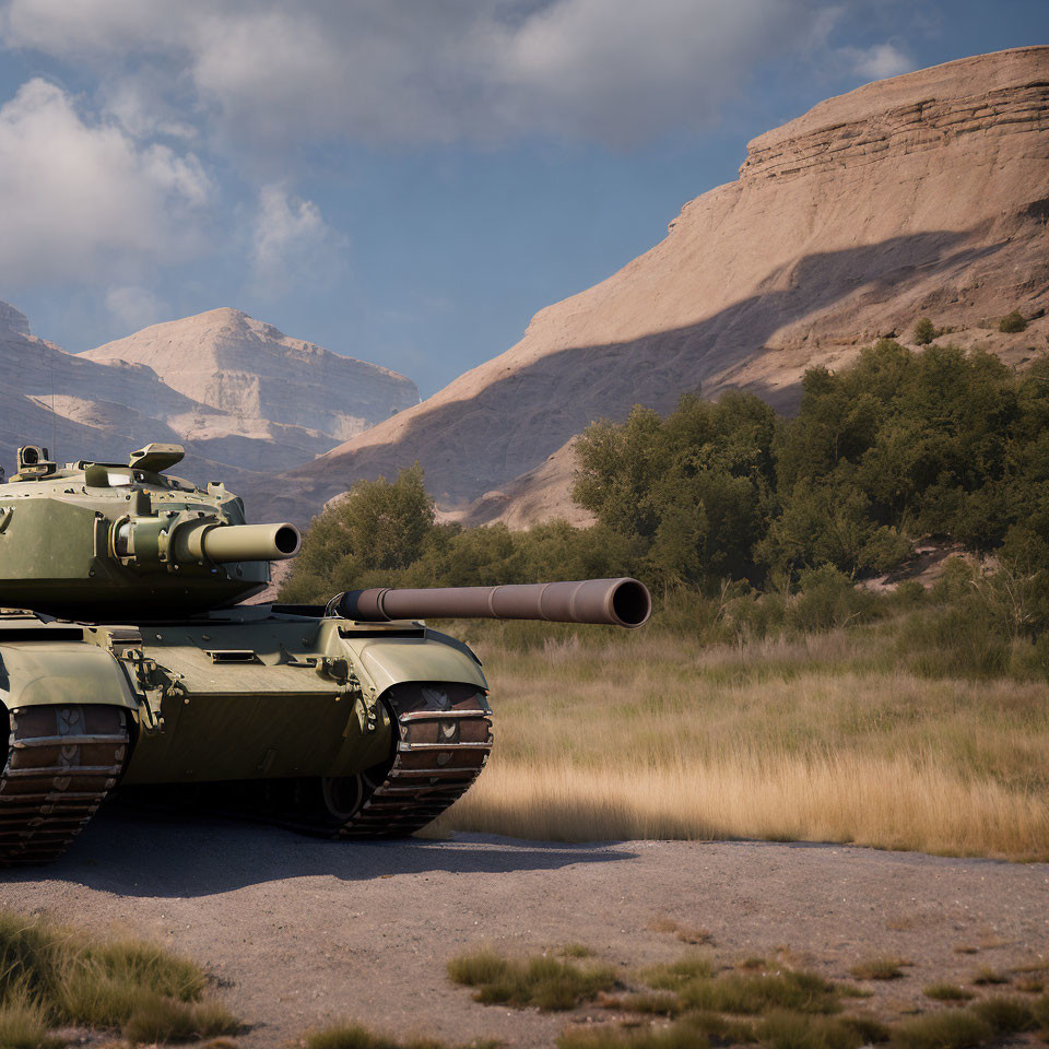 Military Tank in Desert Landscape with Mountains and Clear Sky