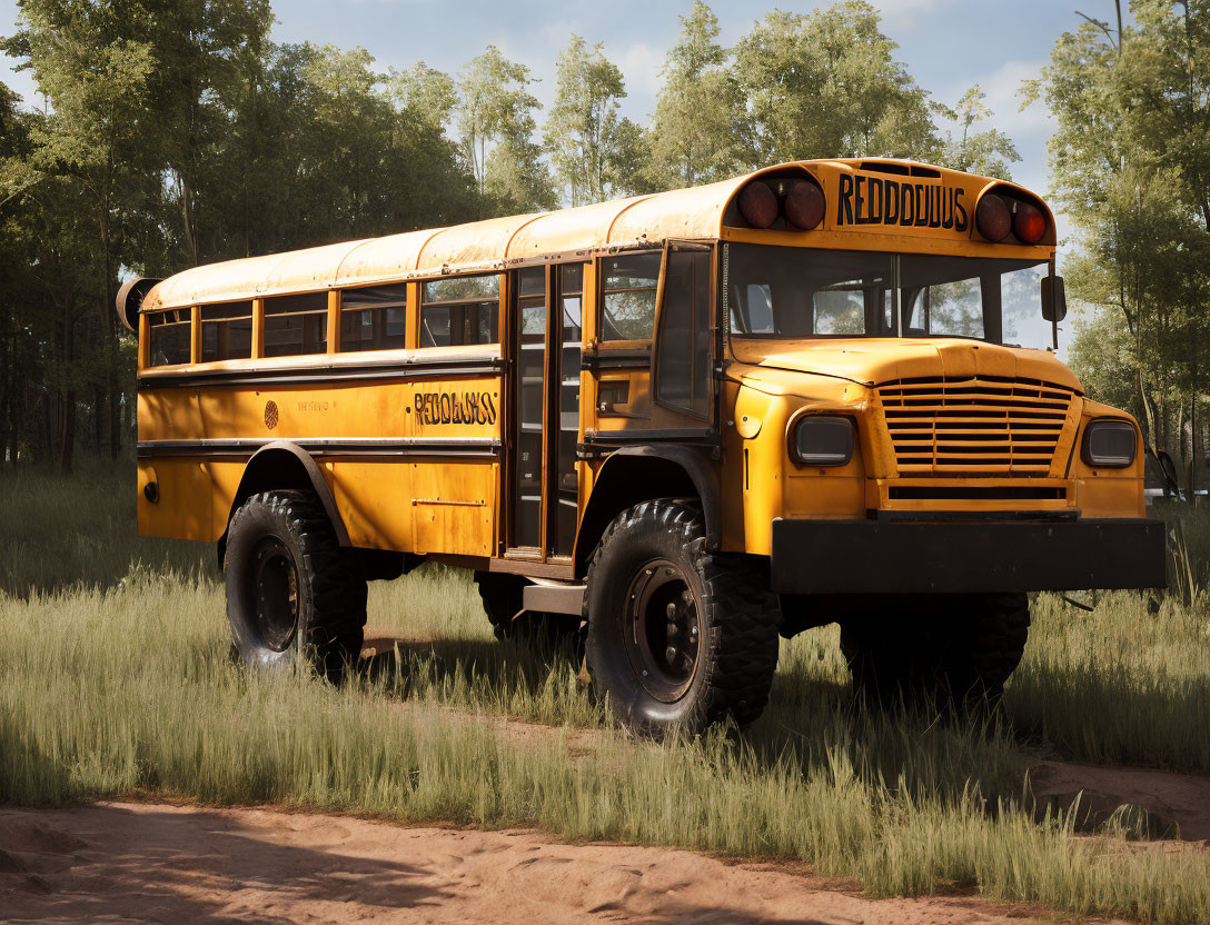 Vintage yellow school bus "REDDBUS" on forest road with tall grass and trees under clear sky