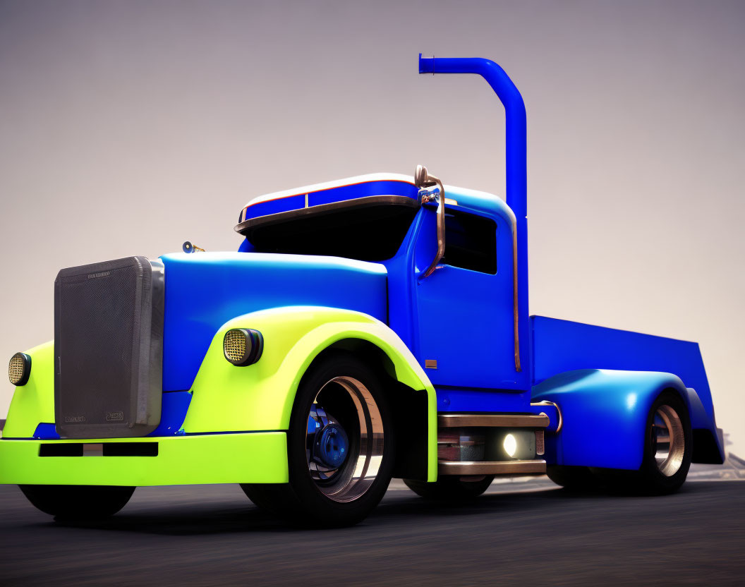 Classic Blue and Green Semi-Truck with Large Exhaust Pipe on Empty Road