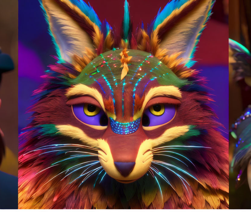 Detailed Vibrant Mask with Fur, Yellow Eyes, and Colorful Decorations