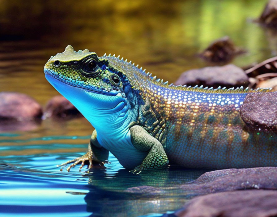 Colorful Green Lizard on Rock in Calm Water