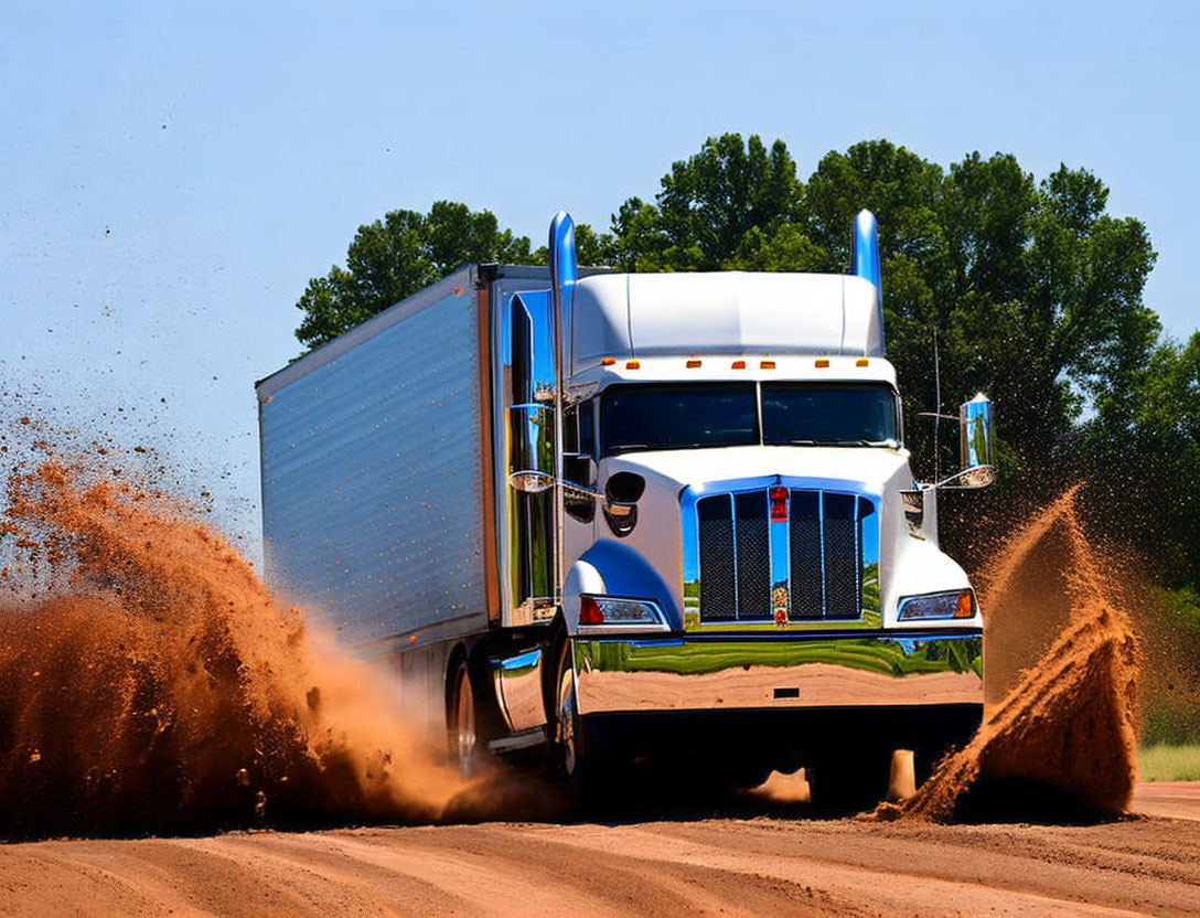 White semi-truck on dirt road kicking up dust under clear blue sky