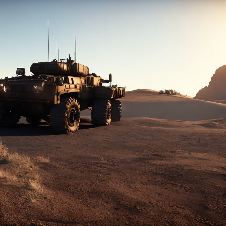 Armored military vehicle in desert at dusk with long shadow