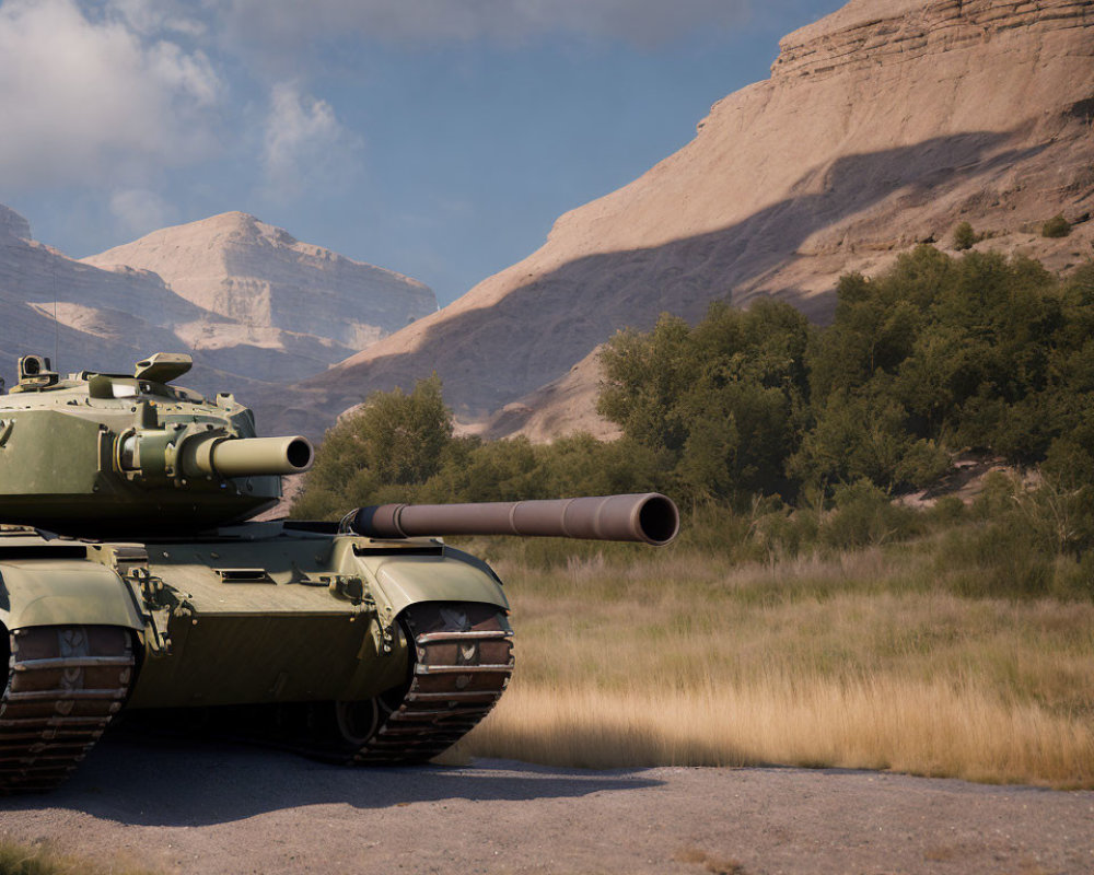 Military Tank in Desert Landscape with Mountains and Clear Sky